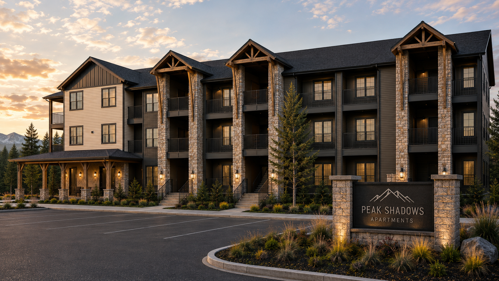 Exterior rendering of Peak Shadows Apartments